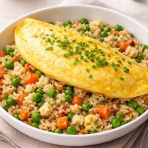 Bol de riz du potager, omelette à la ciboulette