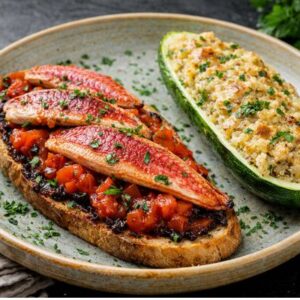 Rouget snacké sur bruschetta provençale