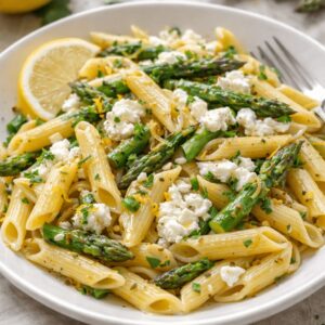 Pennes aux asperges, chèvre fondant et citron