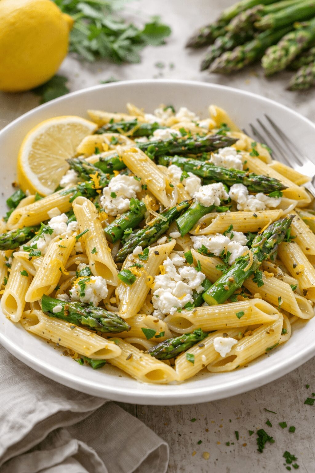 Pennes aux asperges, chèvre fondant et citron