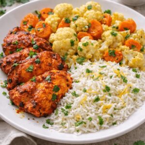 Poulet tandoori, riz parfumé, chou-fleur et carott