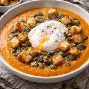 Soupe de lentilles corail, graines de courges, oeu