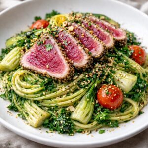 Spaghettis au thon snacké mi cuit