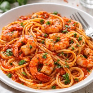 Spaghettis aux gambas sauce tomate piquante
