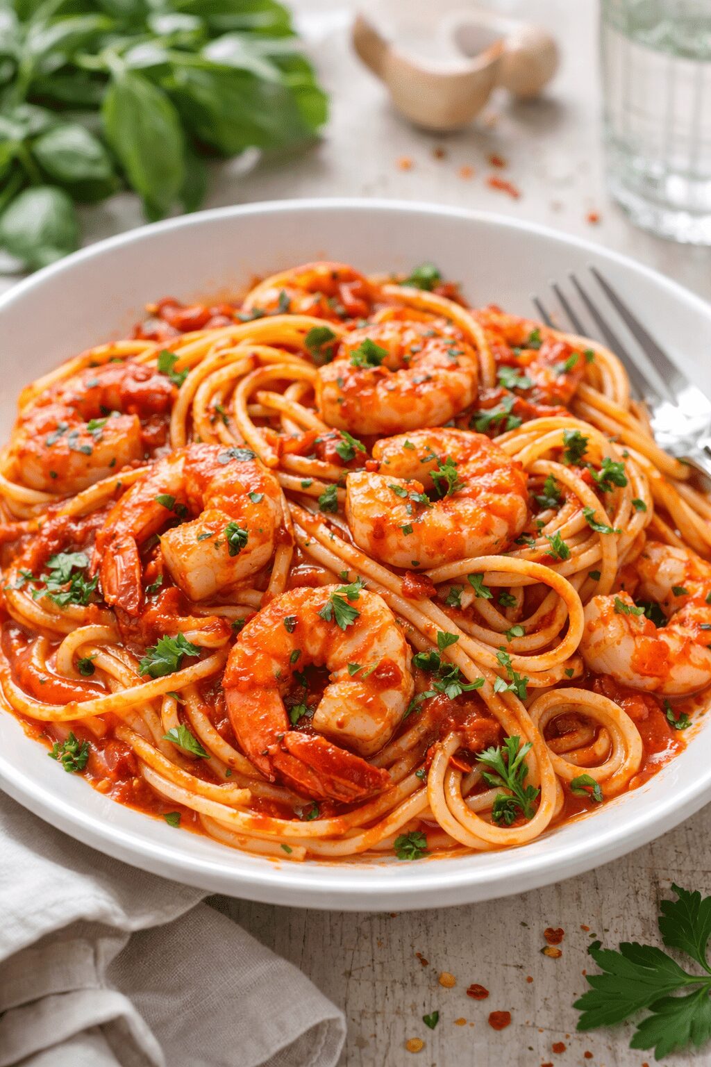Spaghettis aux gambas sauce tomate piquante