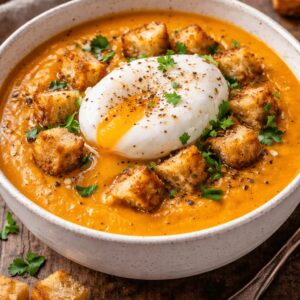 Velouté de carottes au cumin, œuf poché et croûton