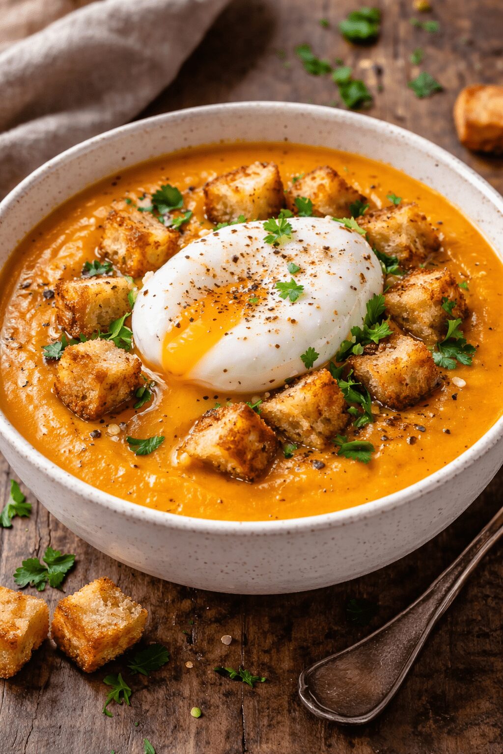 Velouté de carottes au cumin, œuf poché et croûton