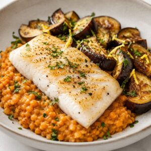 Poisson, aubergines citronnées,lentilles crémeuses