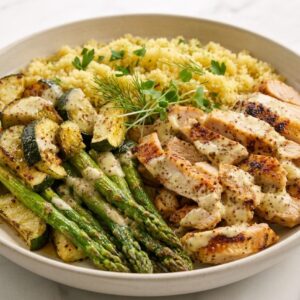 Poulet primavera aux légumes printaniers