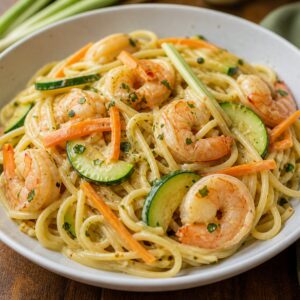 Spaghetti aux crevettes, coco et citronnelle